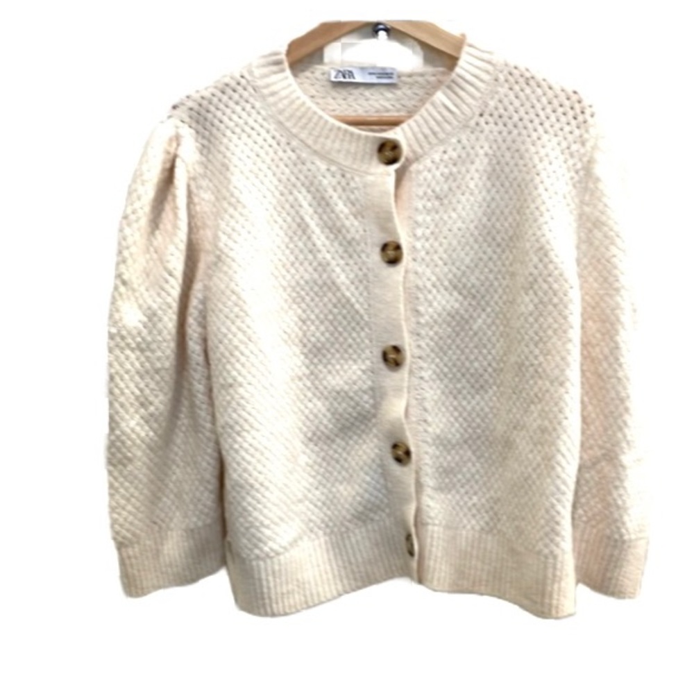 Zara cream puff sleeve cardigan sweater medium